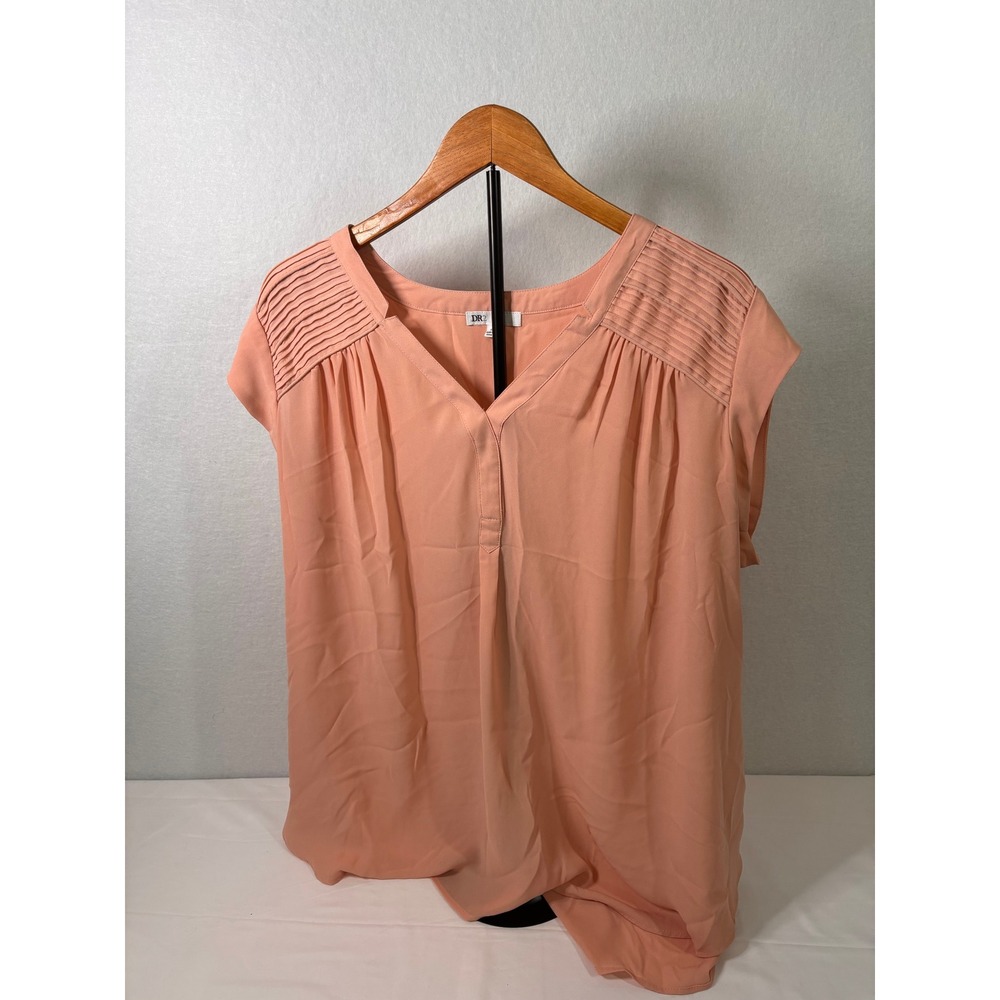 DR2‎ Women Peach Pleated Shoulder Split V-Neck Blouse Top 1X ZDR13536PR1